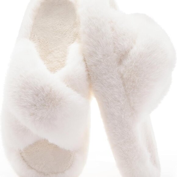 Women's Fuzzy House Slippers Memory Foam Open Toe Cross Band Indoor Outdoor - Picture 1 of 6